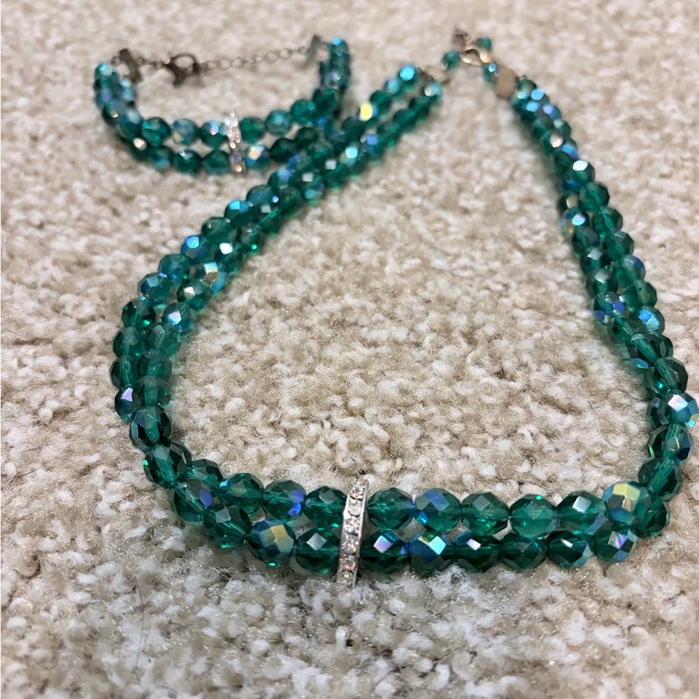 Vintage Aurora Borealis Emerald Green Crystal Bead Necklace and Bracelet Set